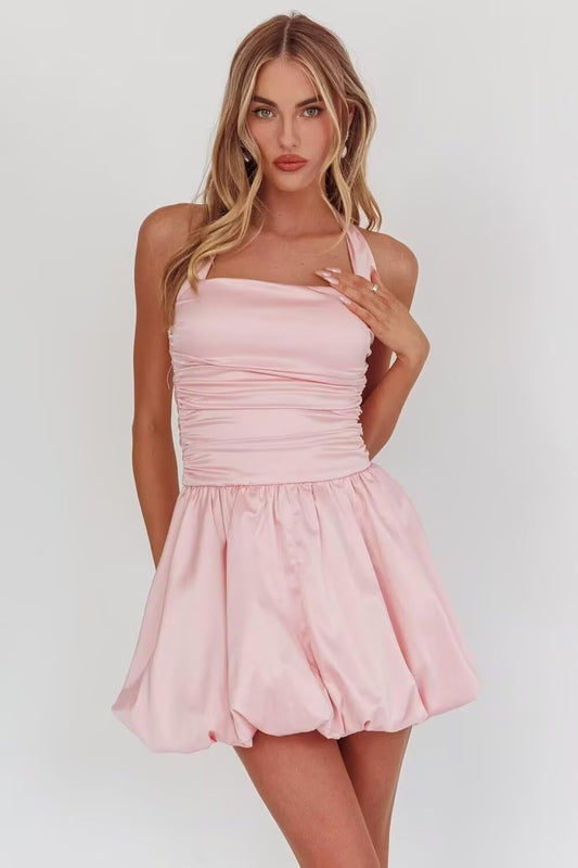 Satin Halter Homecoming Dresses for Teens Short Prom Dress 2027 Flower Bud Ruched Formal Cocktail Gown with Pockets