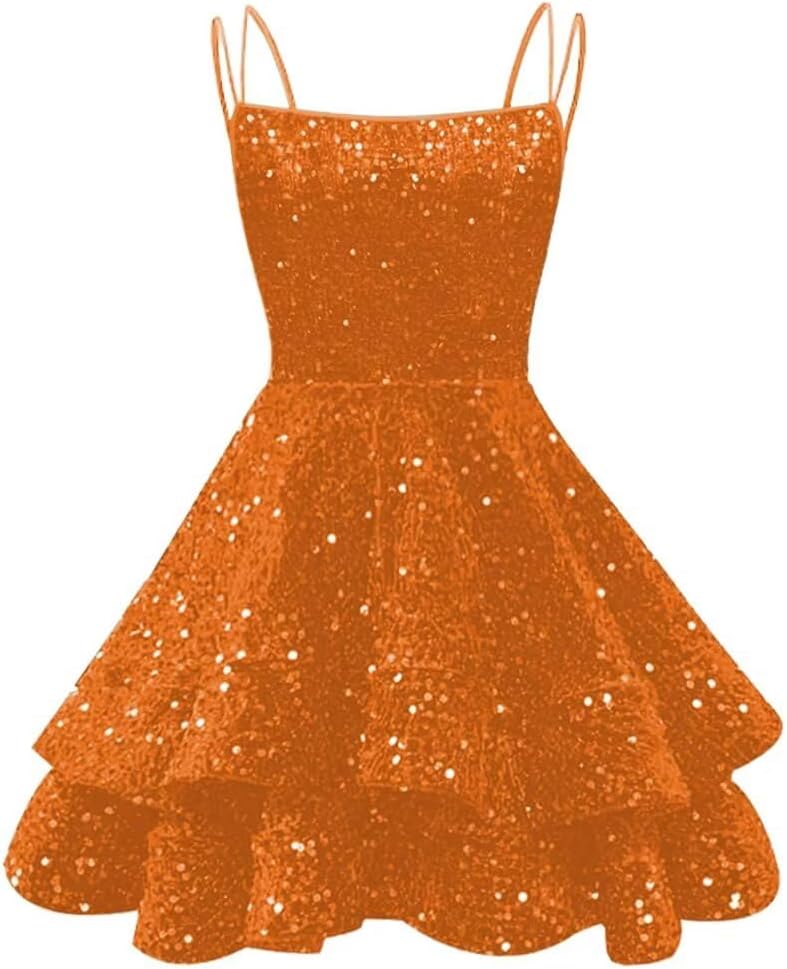 Spaghetti Straps Sequin Homecoming Dresses for Teens Sparkly Tiered Short Prom Dress 2026 Mini Cocktail Party Gown