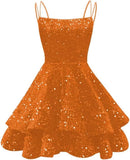 Spaghetti Straps Sequin Homecoming Dresses for Teens Sparkly Tiered Short Prom Dress 2026 Mini Cocktail Party Gown