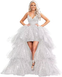 Puffy Sequins Tulle High-Low Prom Dresses for Women 2027, Glitter V Neck Formal Ball Gown Wedding Party Dress
