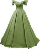 Off Shoulder Satin Prom Dresses for Women V-Neck Elegant A-Line Long Pleated Formal Evening Gown