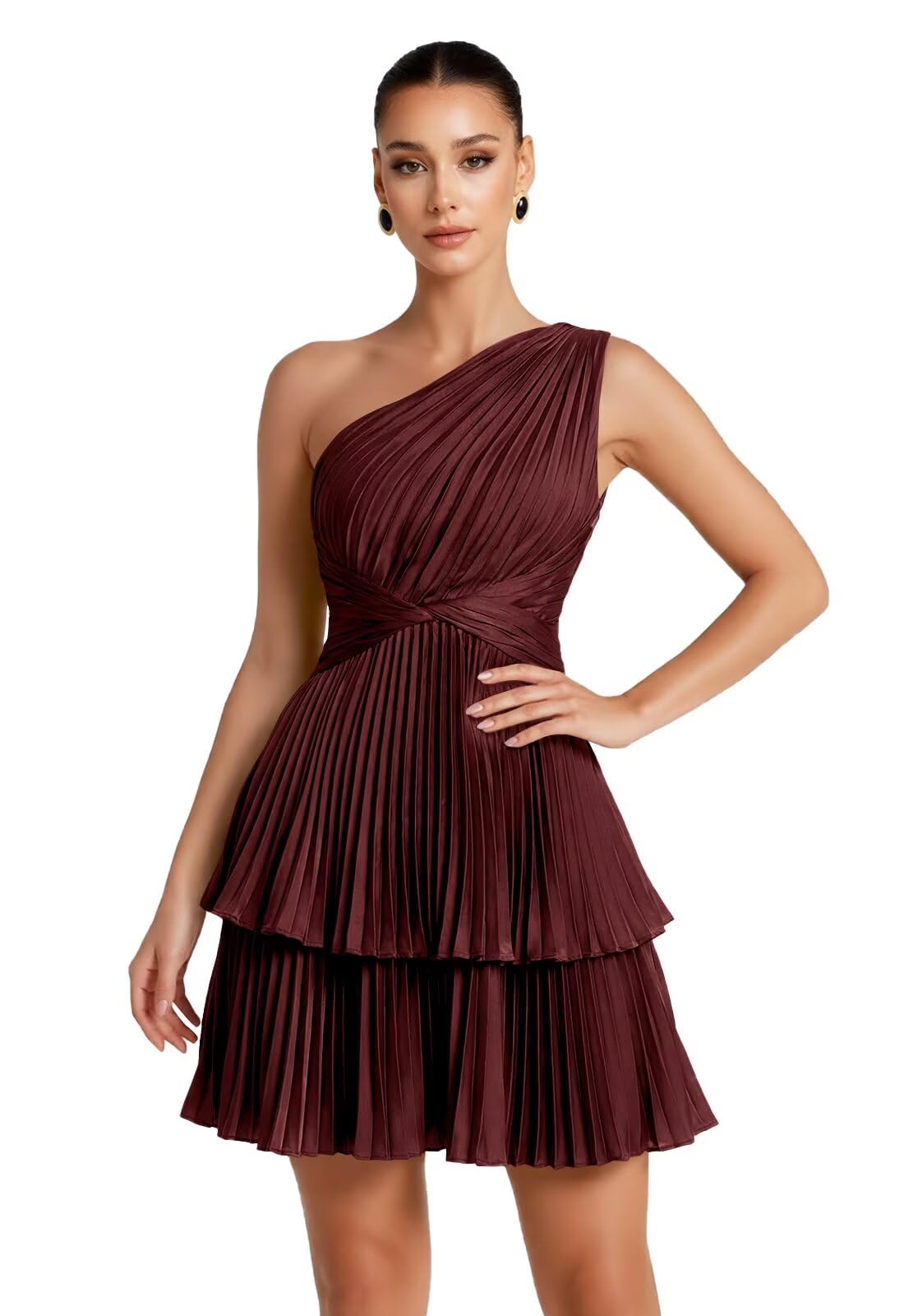 One Shoulder Satin Homecoming Dresses for Teens 2026 Short A-line Prom Dress Pleated Tiered Cocktail Party Gowns