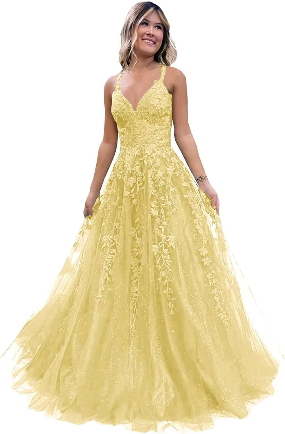Women's Sparkly Tulle Lace Applique Prom Dresses 2025 Long Spaghetti Straps Formal Evening Gowns