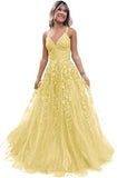 Women's Sparkly Tulle Lace Applique Prom Dresses 2025 Long Spaghetti Straps Formal Evening Gowns