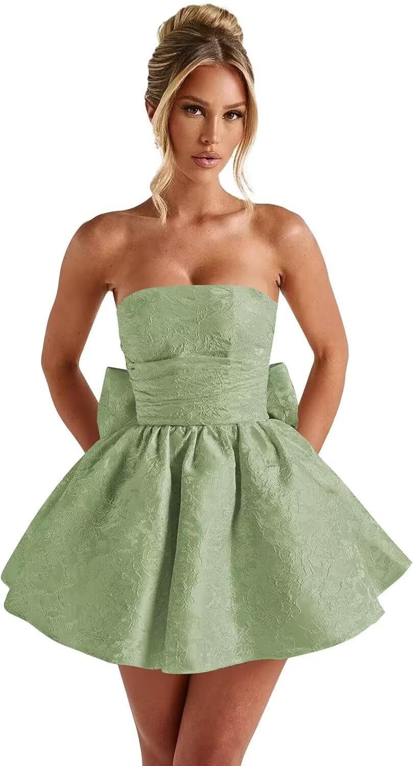 Strapless Satin Homecoming Dresses for Teens 2027 Jacquard A-line Short Prom Cocktail Gowns with Bow