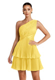 One Shoulder Satin Homecoming Dresses for Teens 2026 Short A-line Prom Dress Pleated Tiered Cocktail Party Gowns