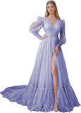Puffy Sleeve Tulle Prom Dresses Long Ball Gown with Slit for Women 2027 V Neck Long Formal Evening Gowns