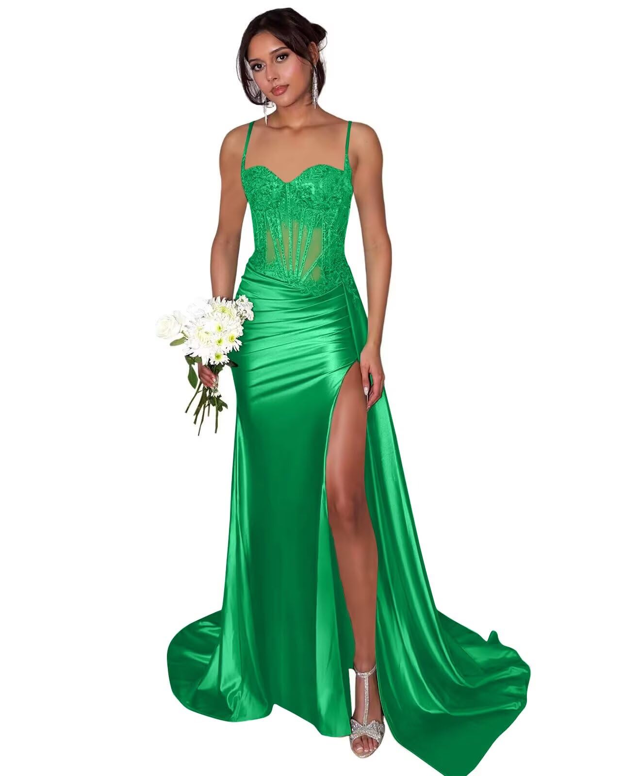 Lace Satin Prom Dresses for Women 2026 Long Mermaid Spaghetti Straps Corset Formal Evening Party Dress with Slit