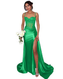 Lace Satin Prom Dresses for Women 2026 Long Mermaid Spaghetti Straps Corset Formal Evening Party Dress with Slit