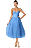 Strapless Prom Dresses Sweetheart Tulle Ball Gowns Corset Short Homecoming Dresses Pleated Lace-up Evening Dresses