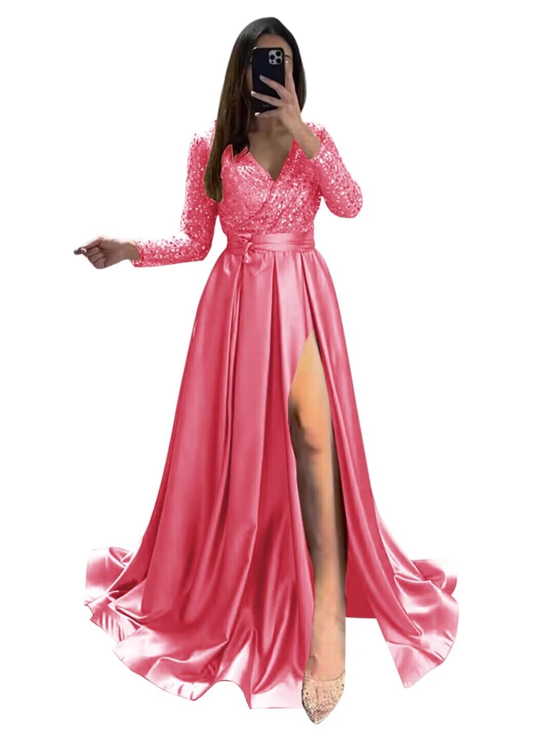 Long Sleeve Sequin Prom Dresses for Women 2027 Satin Formal Dress Sparkly Slit Evening Party Gown with Pocket