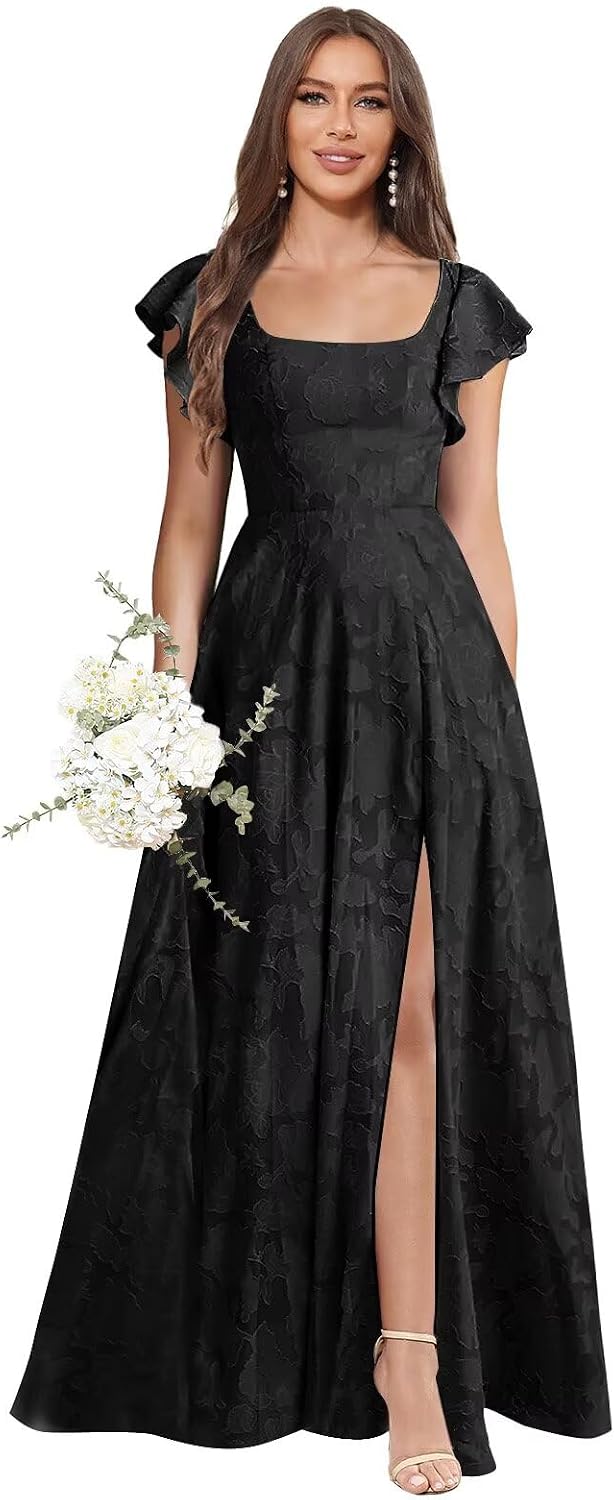 Floral Bridesmaid Dresses for Women Long A-Line Square Neck Lace Formal Evening Gown with Sleeves Slit