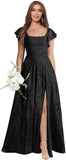 Floral Bridesmaid Dresses for Women Long A-Line Square Neck Lace Formal Evening Gown with Sleeves Slit
