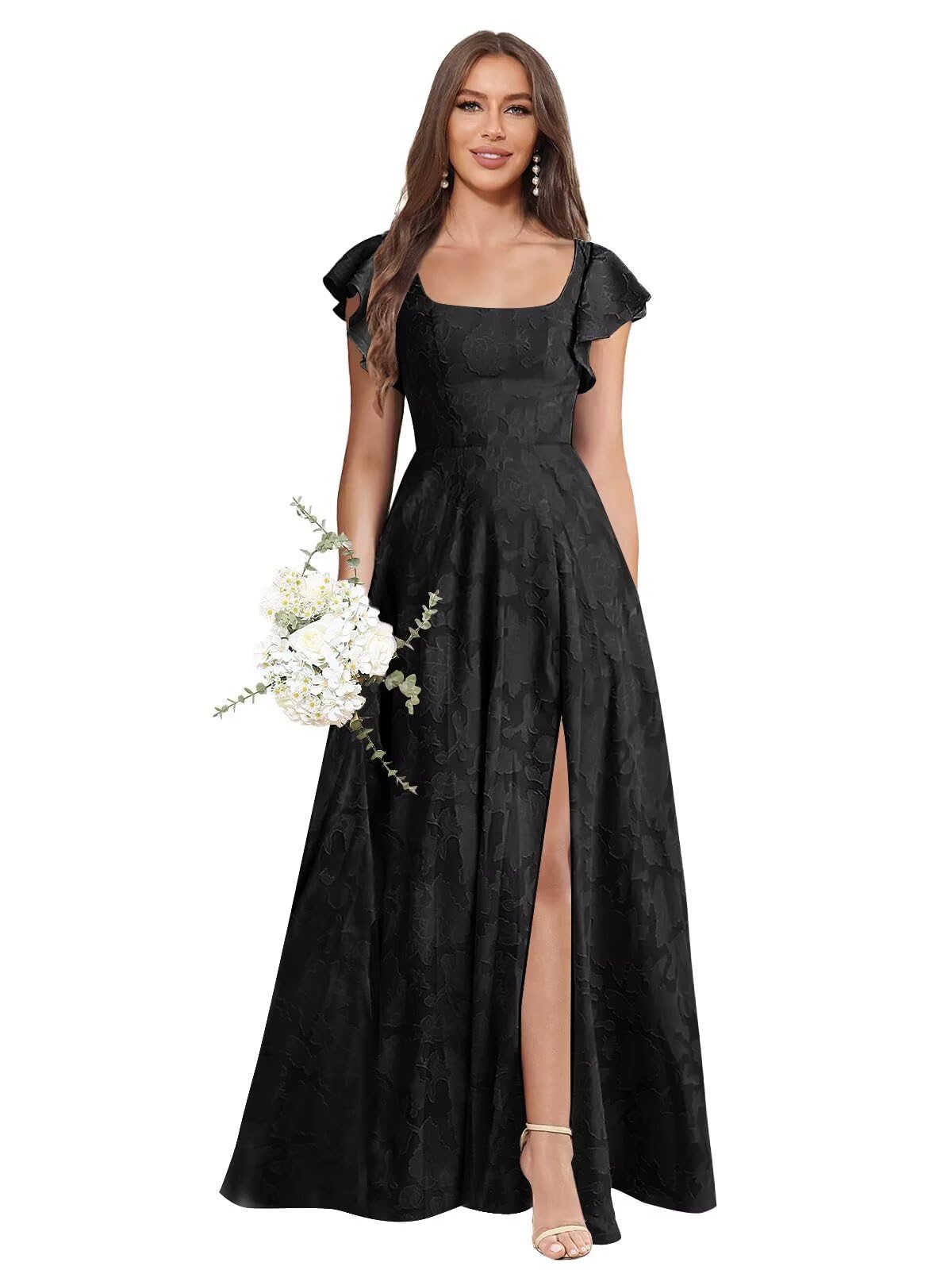 Floral Bridesmaid Dresses for Women Long A-Line Square Neck Lace Formal Evening Gown with Sleeves Slit