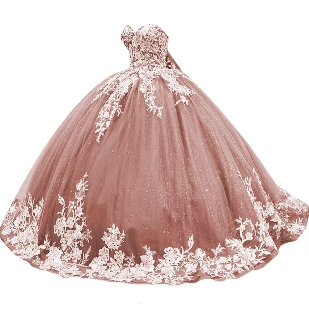 Sparkly Tulle Sweet 15 16 Quinceanera Dress Lace 3D Floral Ball Gown Strapless Puffy Prom Formal Gown