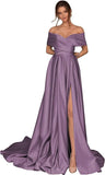 Women's Off Shoulder Long Prom Dresses with Slit 2025 Satin A-Line Sweetheart Corset Formal Evening Dresses with Pockets