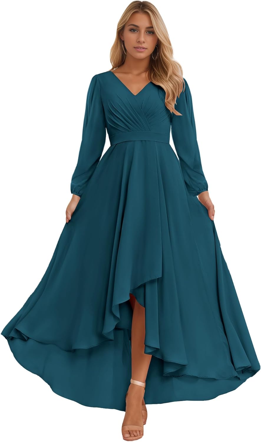 Long Sleeve Bridesmaid Dresses for Women 2025 V Neck Ruched Chiffon Formal Dress