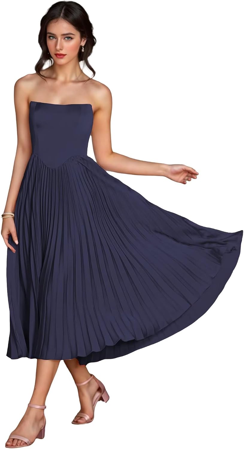 Women's Strapless Bridesmaid Dresses for Womens Tea Length Ruffle Satin Formal Prom Dress