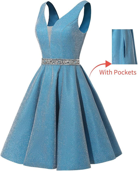 Satin Glitter Homecoming Dresses for Teens Short Prom Dress V-Neck Beaded Evening Formal Cocktail Party Gowns
