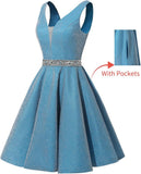 Satin Glitter Homecoming Dresses for Teens Short Prom Dress V-Neck Beaded Evening Formal Cocktail Party Gowns