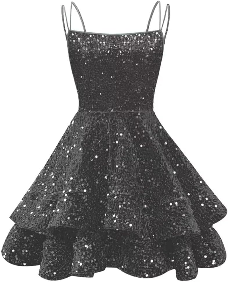 Spaghetti Straps Sequin Homecoming Dresses for Teens Sparkly Tiered Short Prom Dress 2026 Mini Cocktail Party Gown