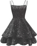 Spaghetti Straps Sequin Homecoming Dresses for Teens Sparkly Tiered Short Prom Dress 2026 Mini Cocktail Party Gown