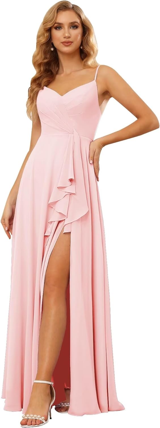 Vestidos de dama de honor largos de gasa con tirantes finos y bolsillos, vestidos formales con volantes y abertura para mujer 