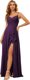 Vestidos de dama de honor largos de gasa con tirantes finos y bolsillos, vestidos formales con volantes y abertura para mujer 