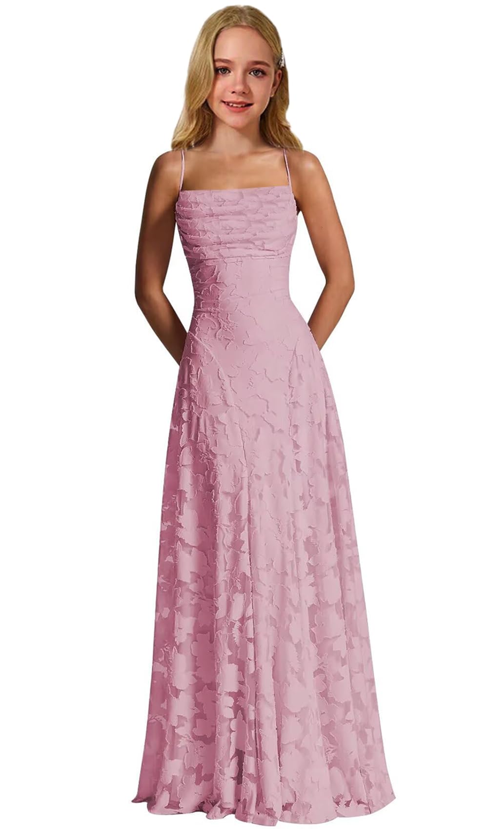 Lace Floral Junior Bridesmaid Dresses Long Spaghetti Strap Prom Dress for Teens Formal Gown Flower Girls Dress