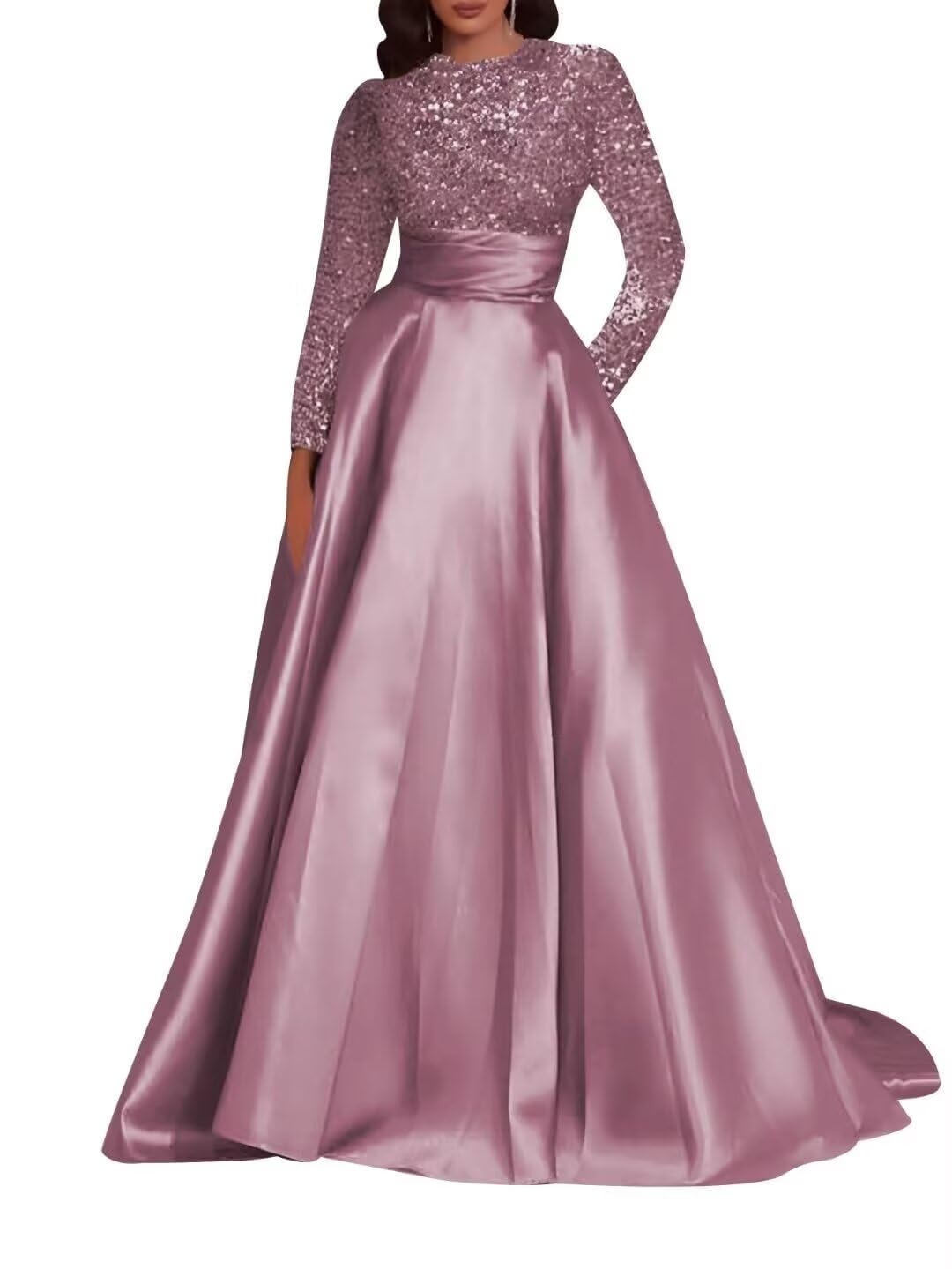 Kingbridal Gowns Long Sleeve Sequin Prom Dresses for Women Satin A-line Formal Dress 2026 Sparkly Evening Party Gowns with Pockets