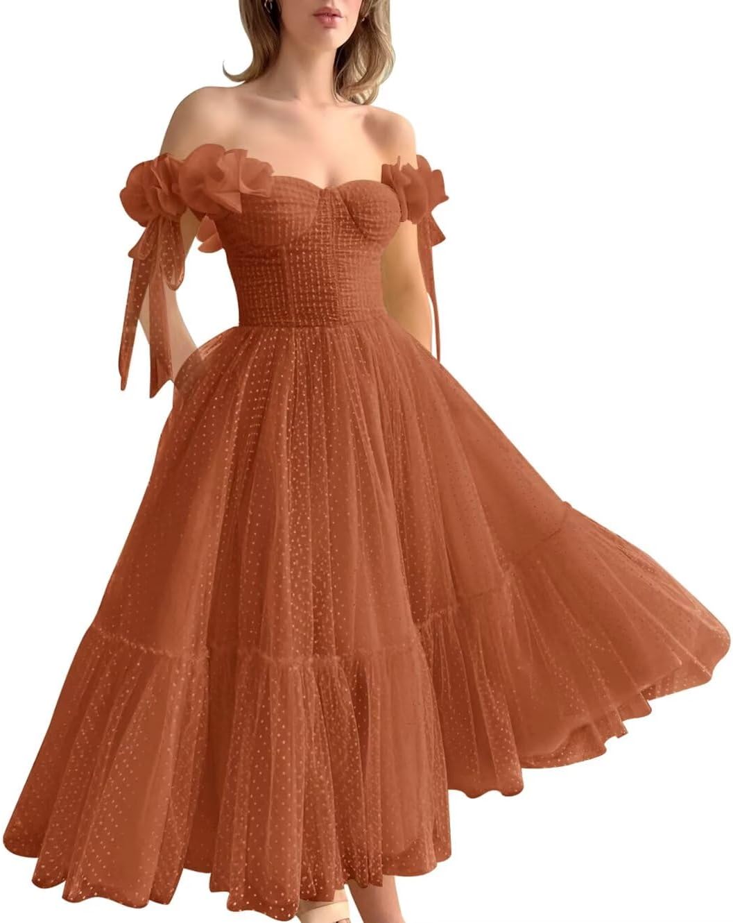 Dotted Tulle Off Shoulder Prom Dress for Women Sweetheart Midi Puffy Formal Party Gowns