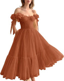 Dotted Tulle Off Shoulder Prom Dress for Women Sweetheart Midi Puffy Formal Party Gowns