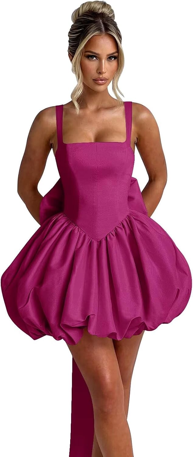 Puffy Satin Homecoming Dresses Mini A-line Short Prom Dress with Bow Cocktail Party Gown