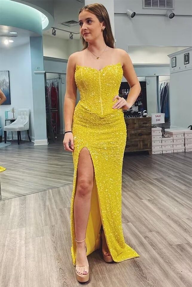 Sparkly Sequin Prom Dresses for Women 2025 Long Mermaid Strapless Glitter Formal Evening Prom Ball Gown with Slit