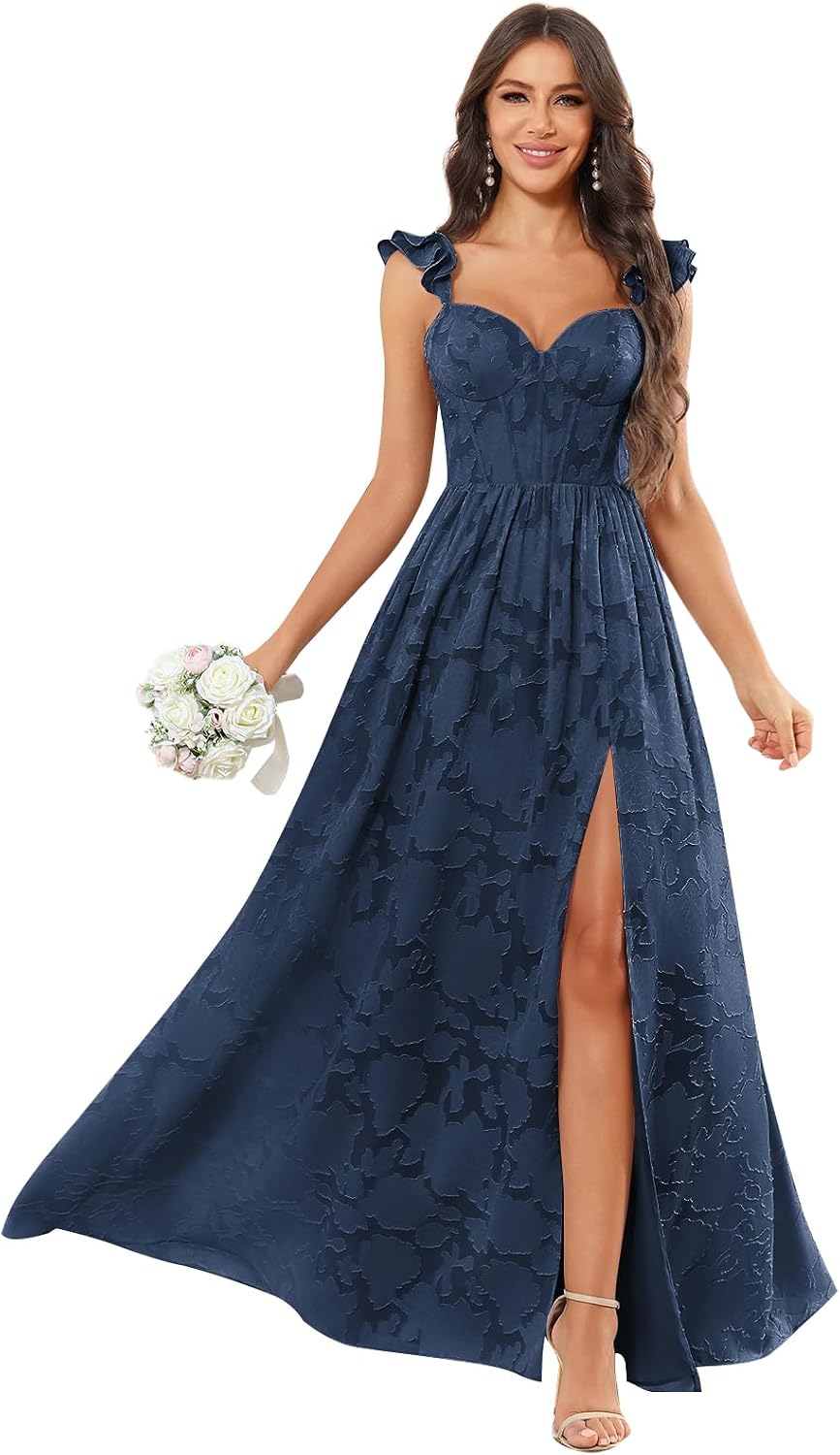 Chiffon Floral Bridesmaid Dresses with Slit Sleeveless Corset Ruffle A Line Long Formal Evening Gowns