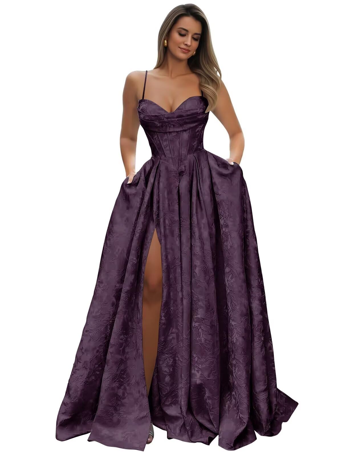 Jacquard Satin Spaghetti Straps Prom Dresses for Women Aline Backless Formal Evening Party Ball Gowns with Pockets