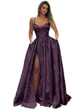 Satin Spaghetti Straps Prom Dresses for Women Jacquard Aline Backless Formal Evening Party Ball Gowns with Pockets