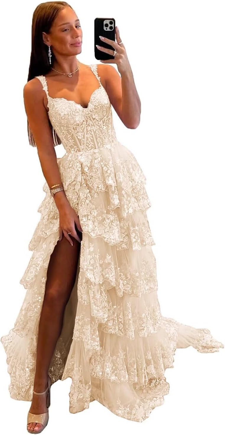 Vestido de fiesta de tul con encaje y capas, tirantes finos y abertura larga, corsé brillante, vestidos formales de fiesta de noche 