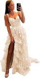 Vestido de fiesta de tul con encaje y capas, tirantes finos y abertura larga, corsé brillante, vestidos formales de fiesta de noche 