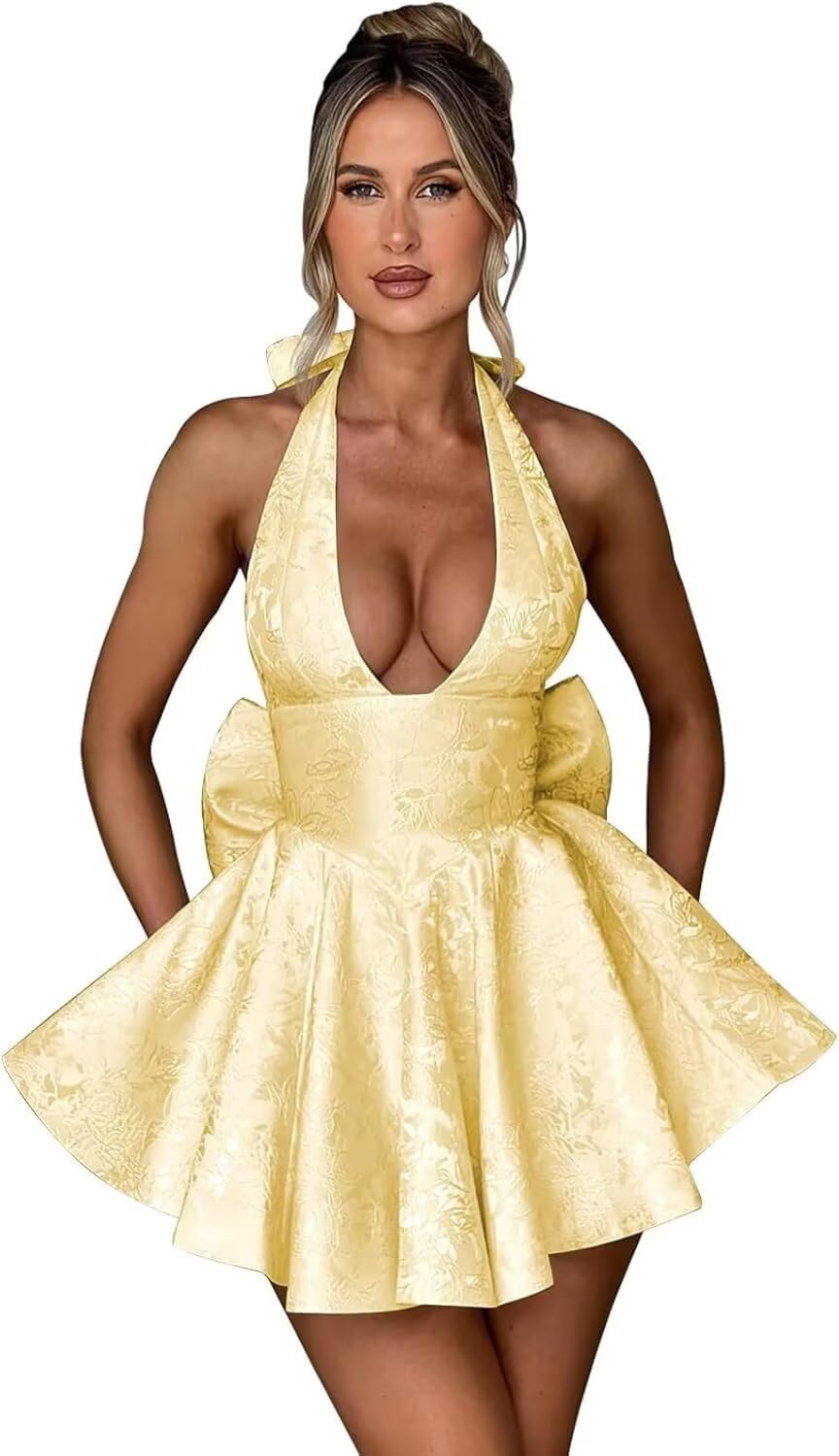 Satin Halter Homecoming Dresses for Teens 2027 V Neck Jacquard A-line Short Prom Cocktail Gowns with Bow