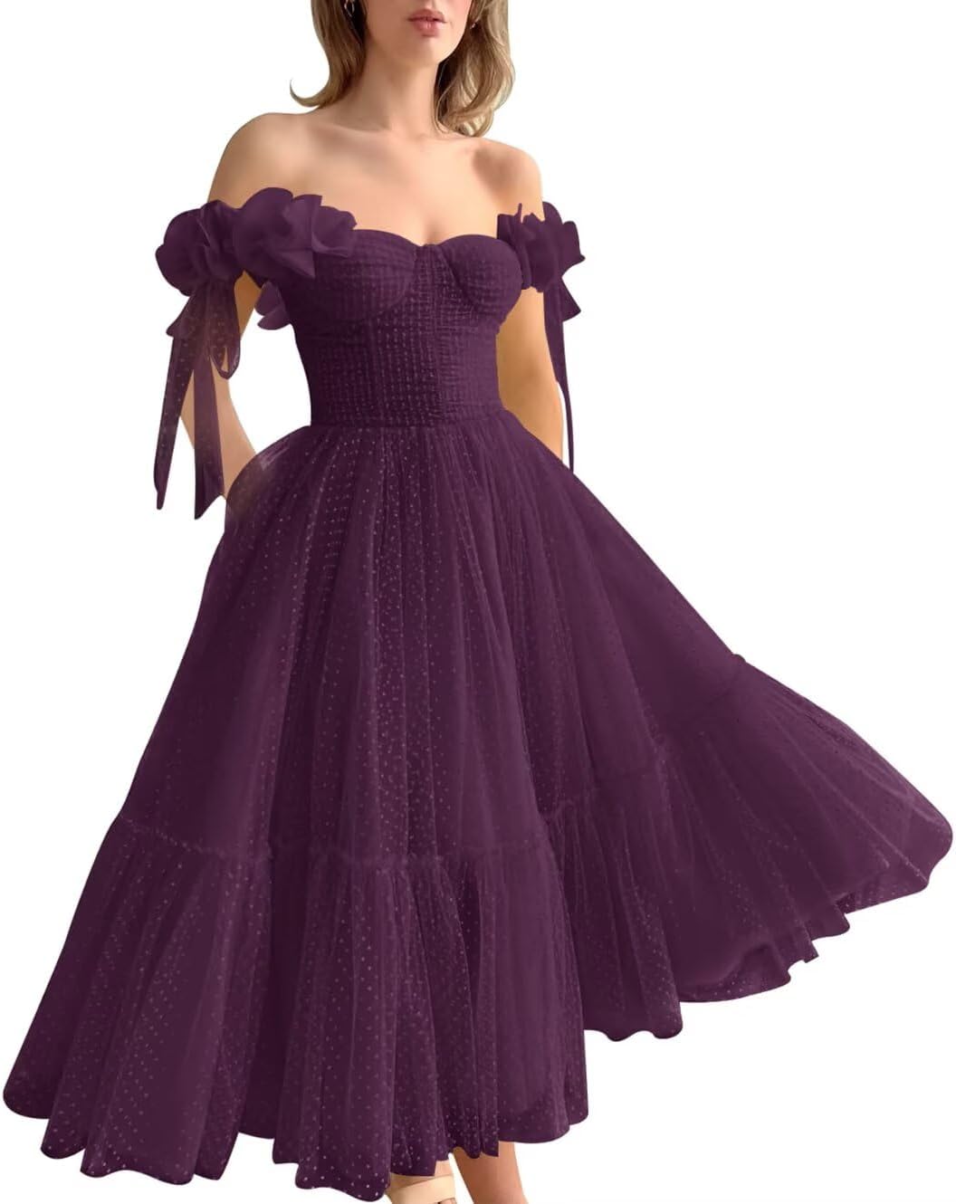 Dotted Tulle Off Shoulder Prom Dress for Women Sweetheart Midi Puffy Formal Party Gowns