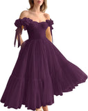 Dotted Tulle Off Shoulder Prom Dress for Women Sweetheart Midi Puffy Formal Party Gowns