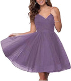 Short Homecoming Dresses Spaghetti Straps V Neck Glitter Tulle Ball Gown Short Prom Graduation Dress for Juniors