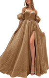 Tulle Prom Dresses for Women 2027 Sparkly Puffy Sleeves Long Ball Gowns with Slit A-Line Evening Dresses