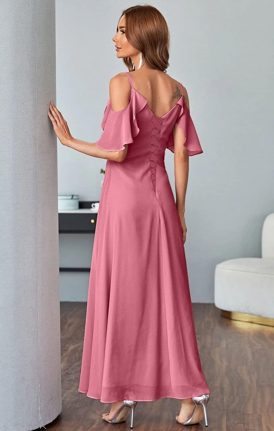 Women's Cold Shoulder Bridesmaid Dresses Long Summer Side Slit Chiffon Formal Evening Gown with Pockets