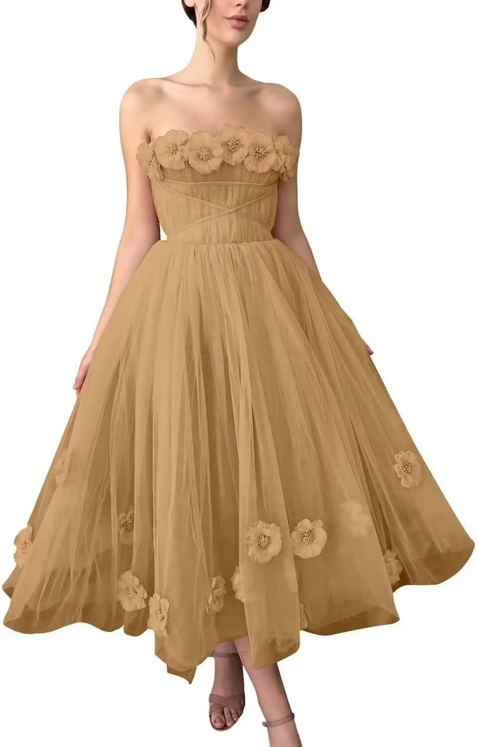 Women's 3D Flower Off Shoulder Tea Length Whimsical Prom Dress, A Line Strapless Tulle Formal Evening Party Gown