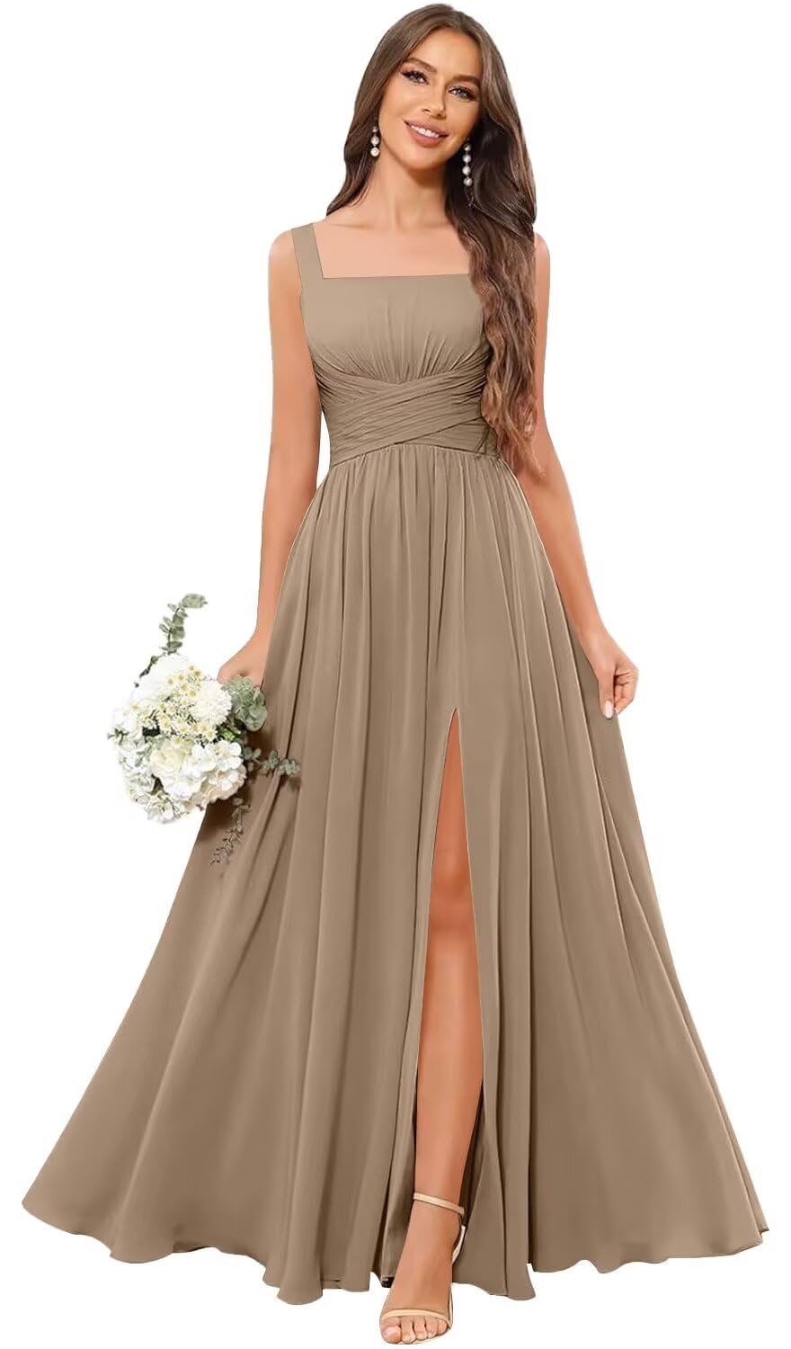 Kingbridal Chiffon A-line Bridesmaid Dresses for Women 2027 Long Square Neck Pleated Formal Evening Party Dress with Slit