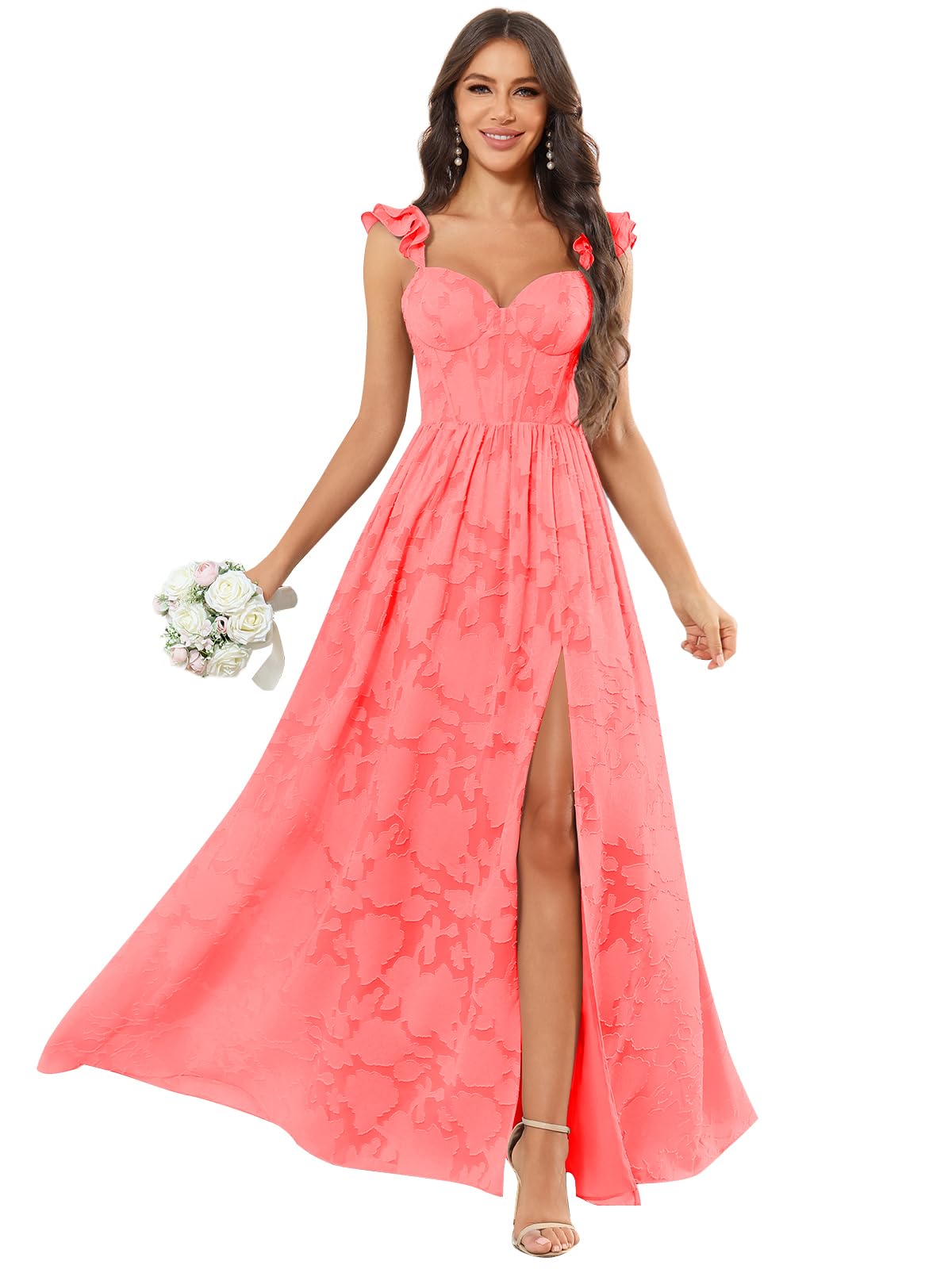 Chiffon Floral Bridesmaid Dresses with Slit Sleeveless Corset Ruffle A Line Long Formal Evening Gowns for Wedding