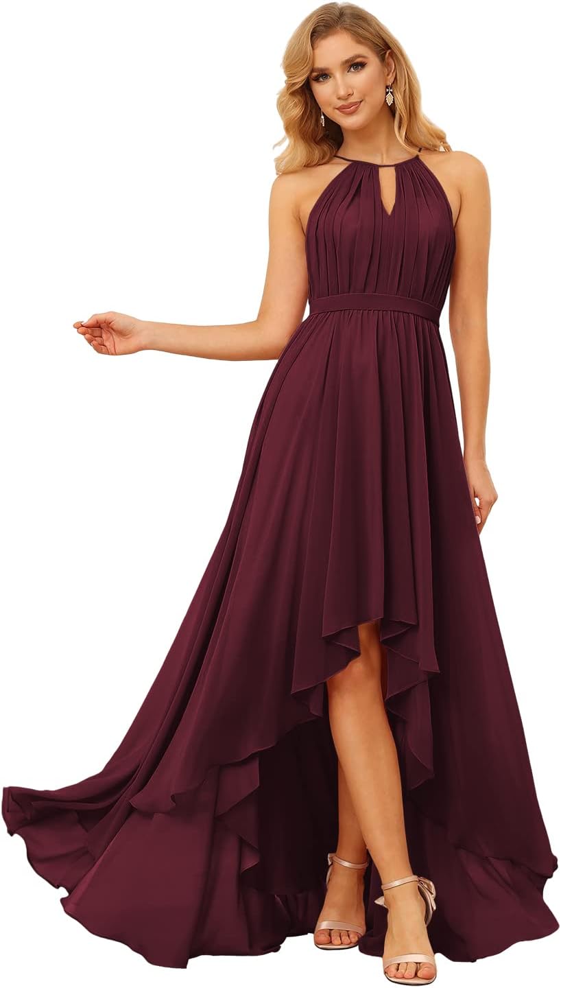 Damen Neckholder Brautjungfernkleider Lang mit Taschen High-Low Falten Formelles Kleid für Hochzeit 