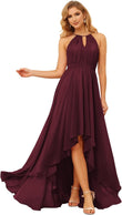 Damen Neckholder Brautjungfernkleider Lang mit Taschen High-Low Falten Formelles Kleid für Hochzeit 